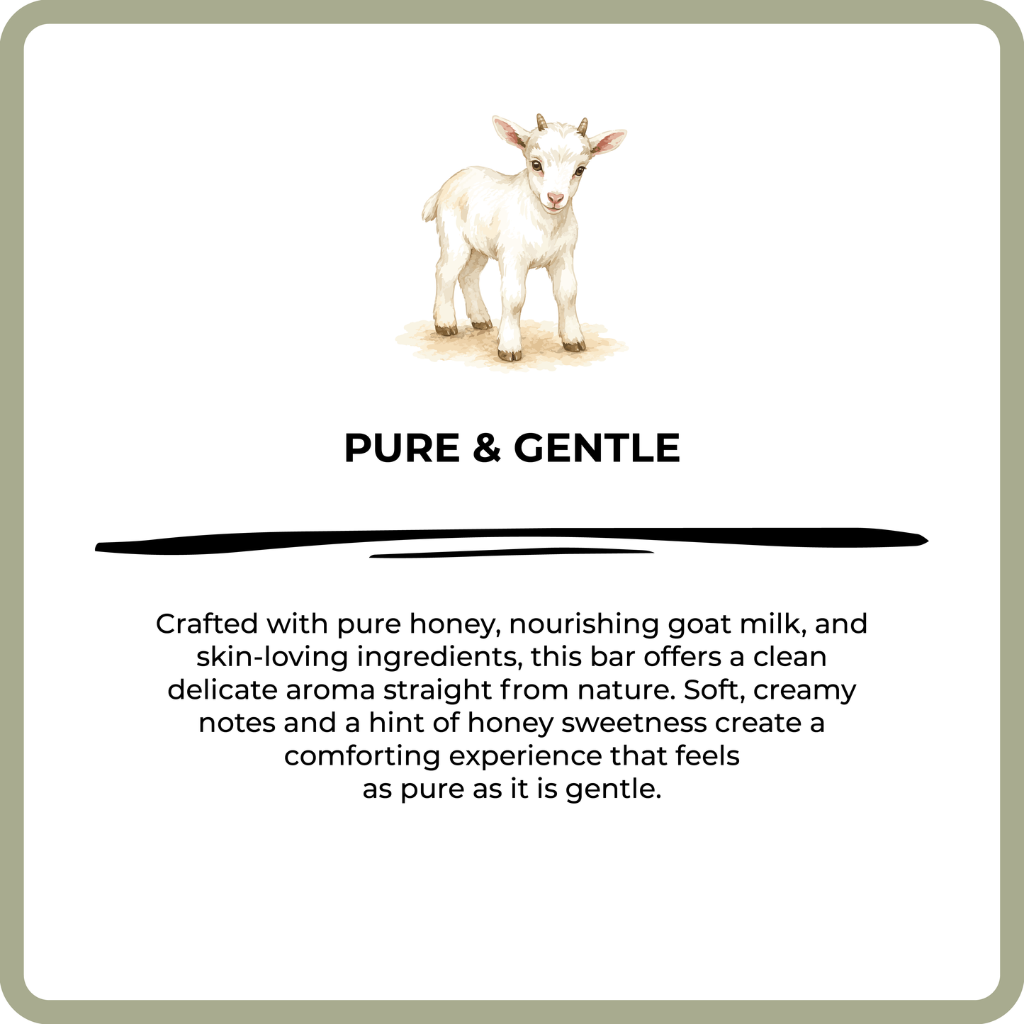 Product label with a goat illustration and text about pure and gentle ingredients.