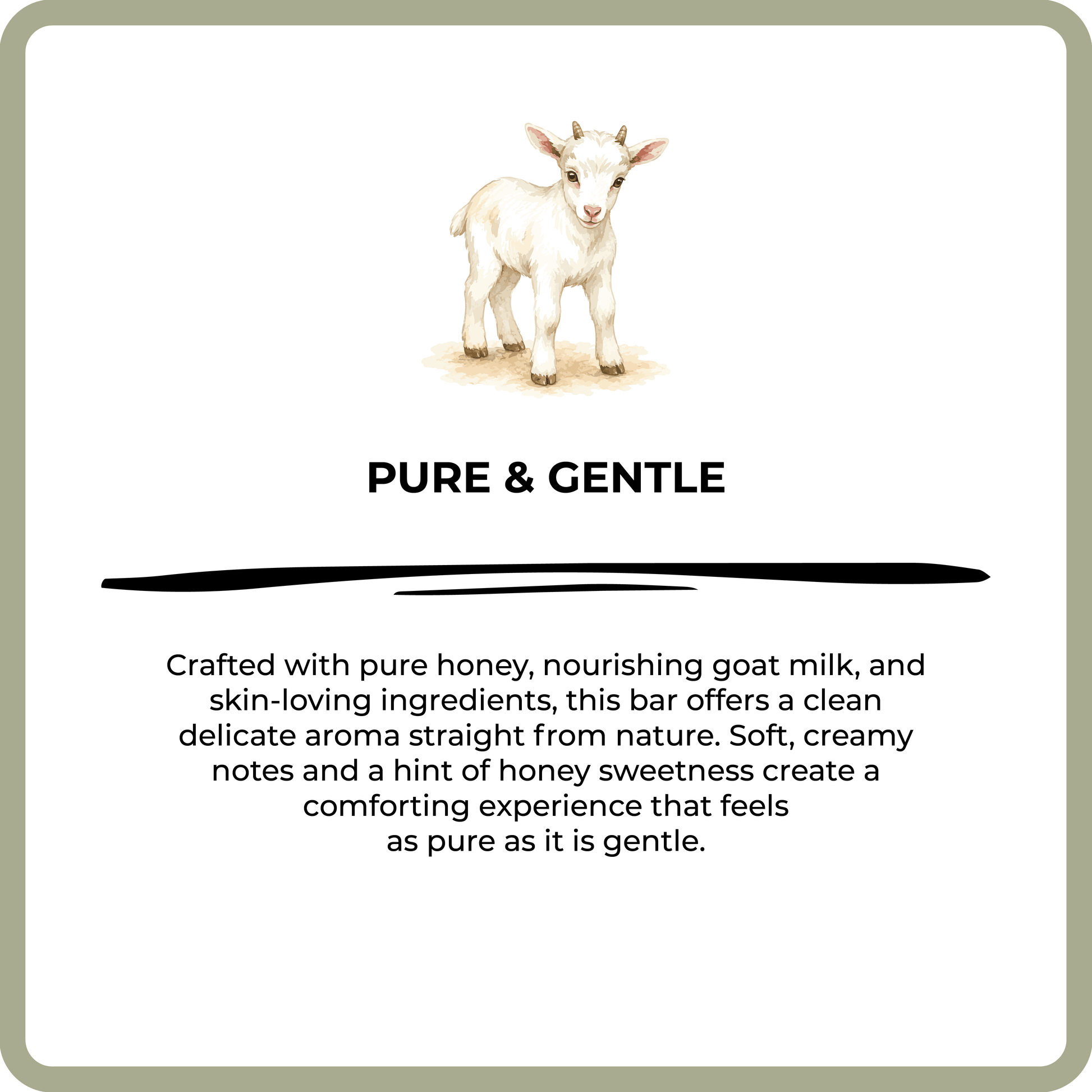 Product label with a goat illustration and text about pure and gentle ingredients.