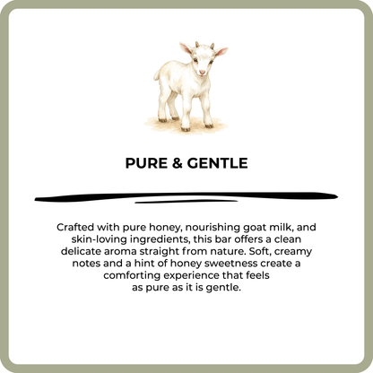 Product label with a goat illustration and text about pure and gentle ingredients.
