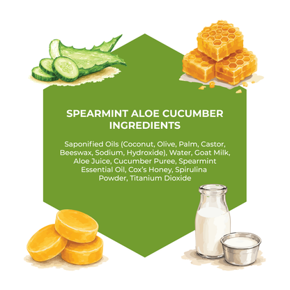 Illustration of spearmint aloe cucumber ingredients with honeycomb, cucumbers, and milk.