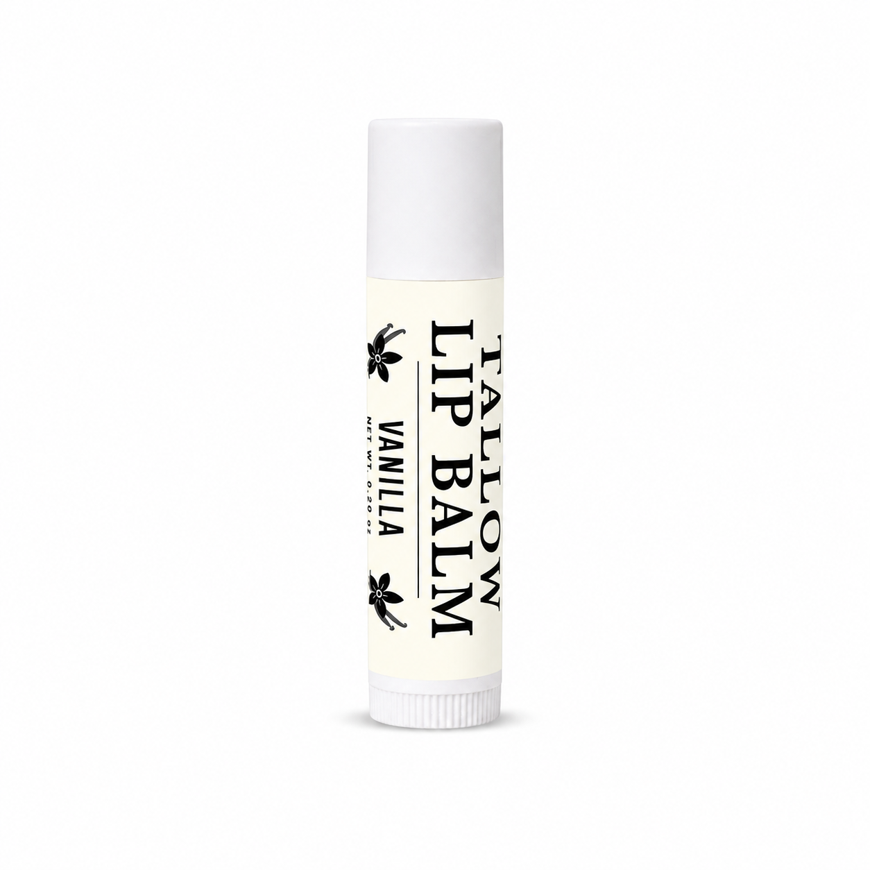 Lip balm stick with 'Tallow Vanilla' label on a white background