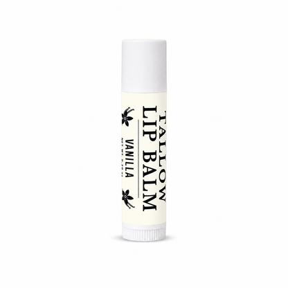 Lip balm stick with 'Tallow Vanilla' label on a white background