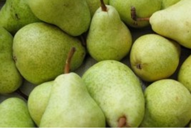 Close-up of green pears with a blurred background