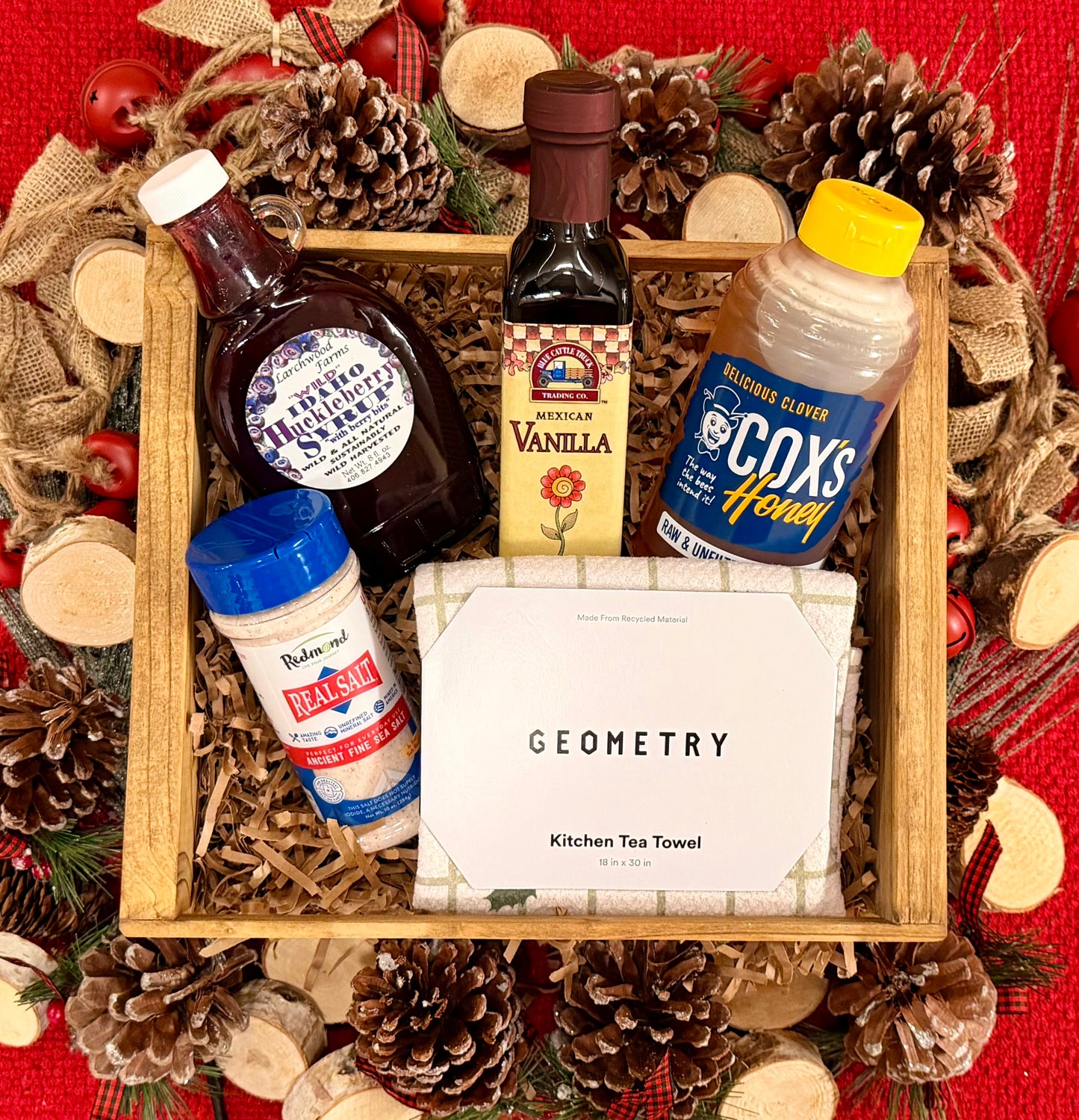 Cox's Honey The Baking Box - raw & unfiltered clover honey, huckleberry syrup, Mexican vanilla, real salt and geometry towel