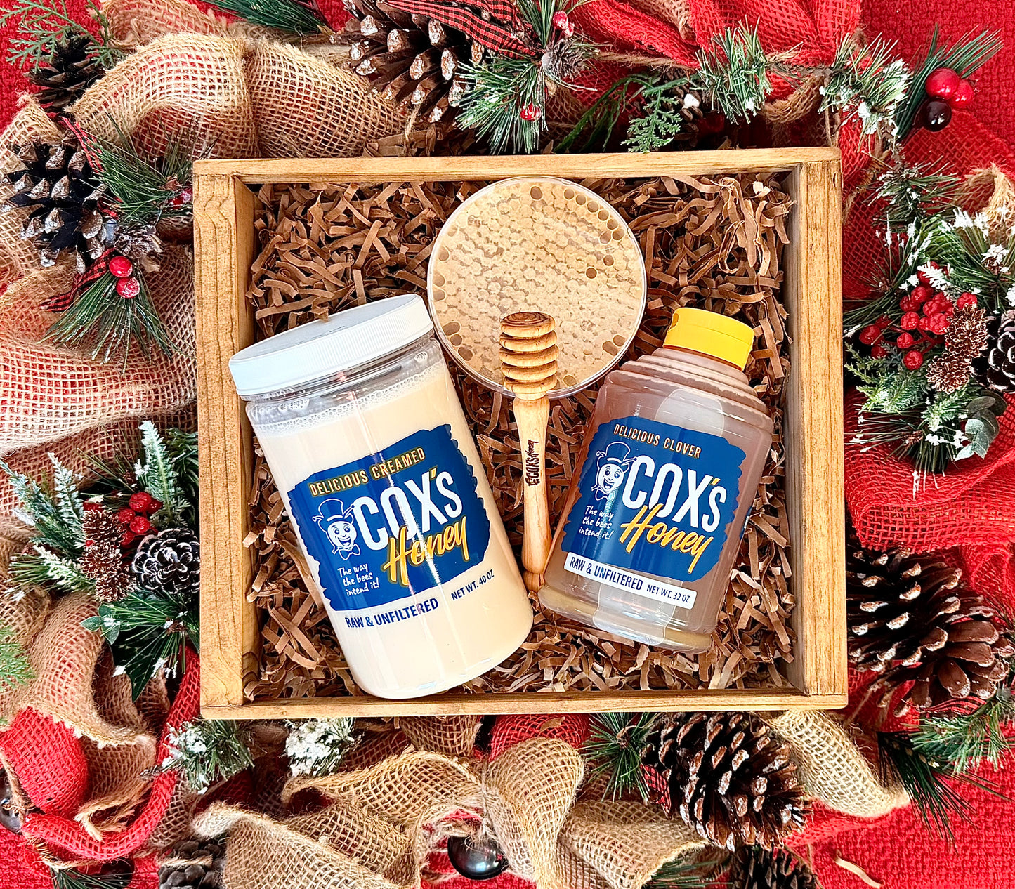 Cox's Honey The Honeycomb Box with raw & unfiltered honey, creamed honey, raw honeycomb and a honey dipper