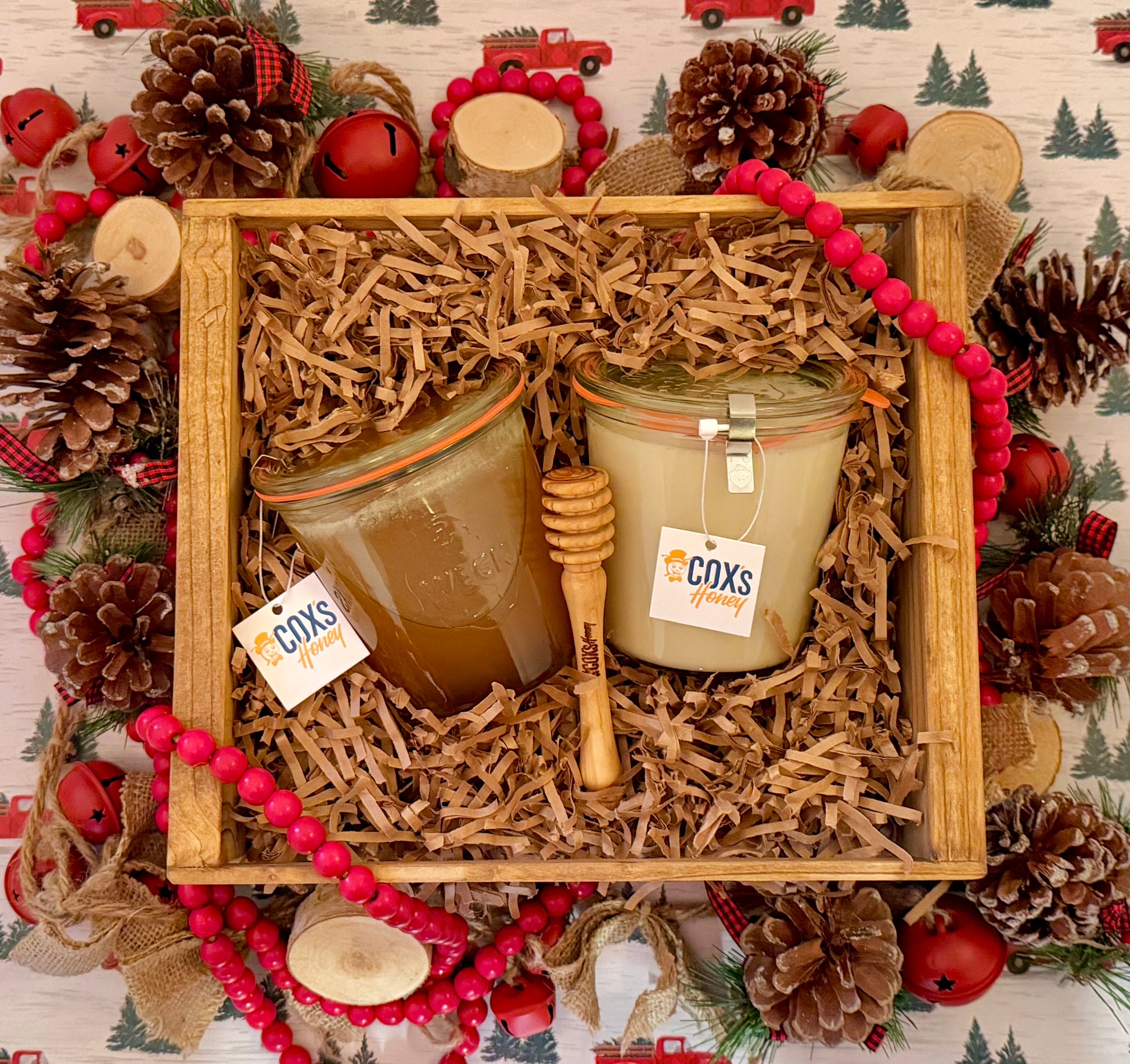 Cox's Honey The Weck Honey Box with glass Weck jars of Raw and Unfiltered Clover honey and Creamed Honey plus a wood dipper