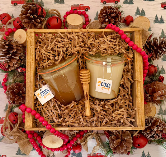 Cox's Honey The Weck Honey Box with glass Weck jars of Raw and Unfiltered Clover honey and Creamed Honey plus a wood dipper