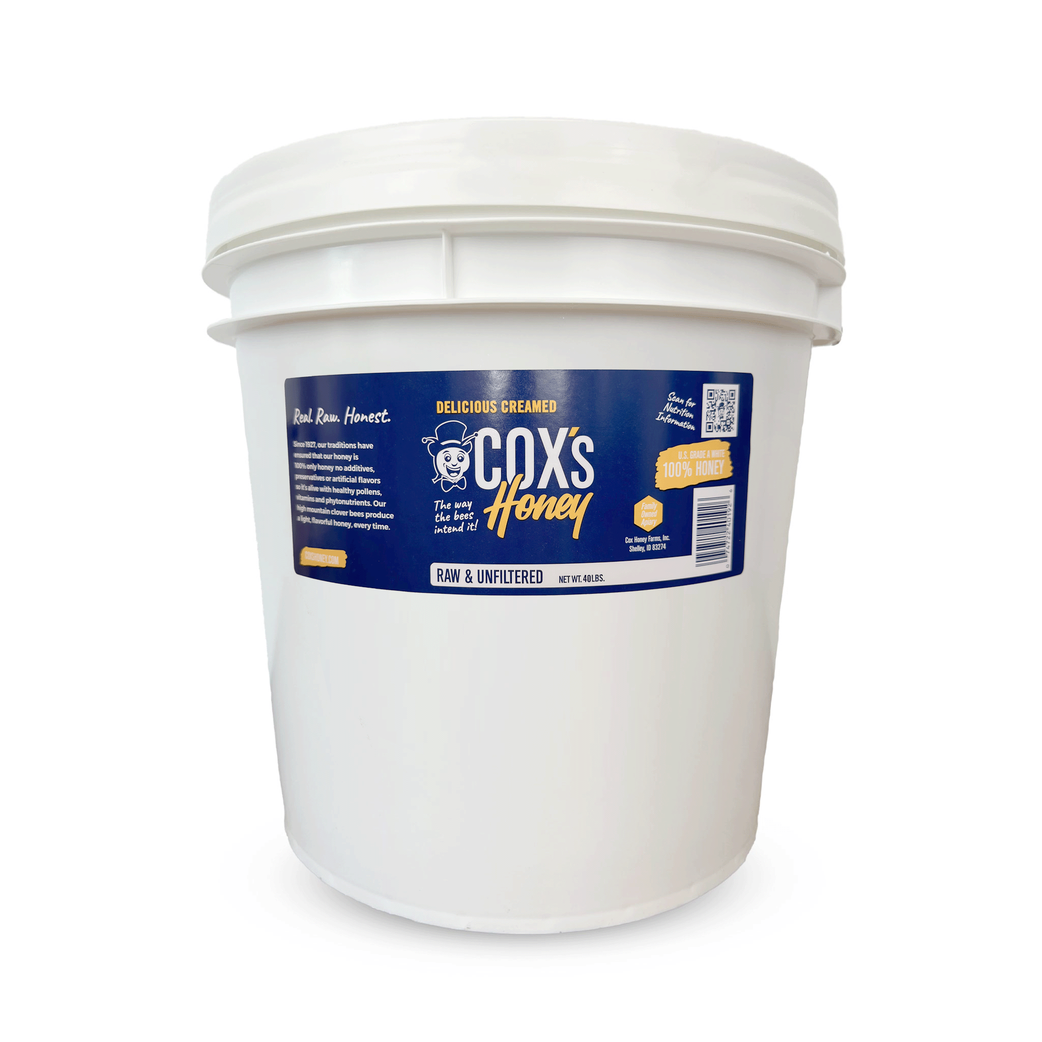 coxs honey 40 lb creamed honey bucket with a white background