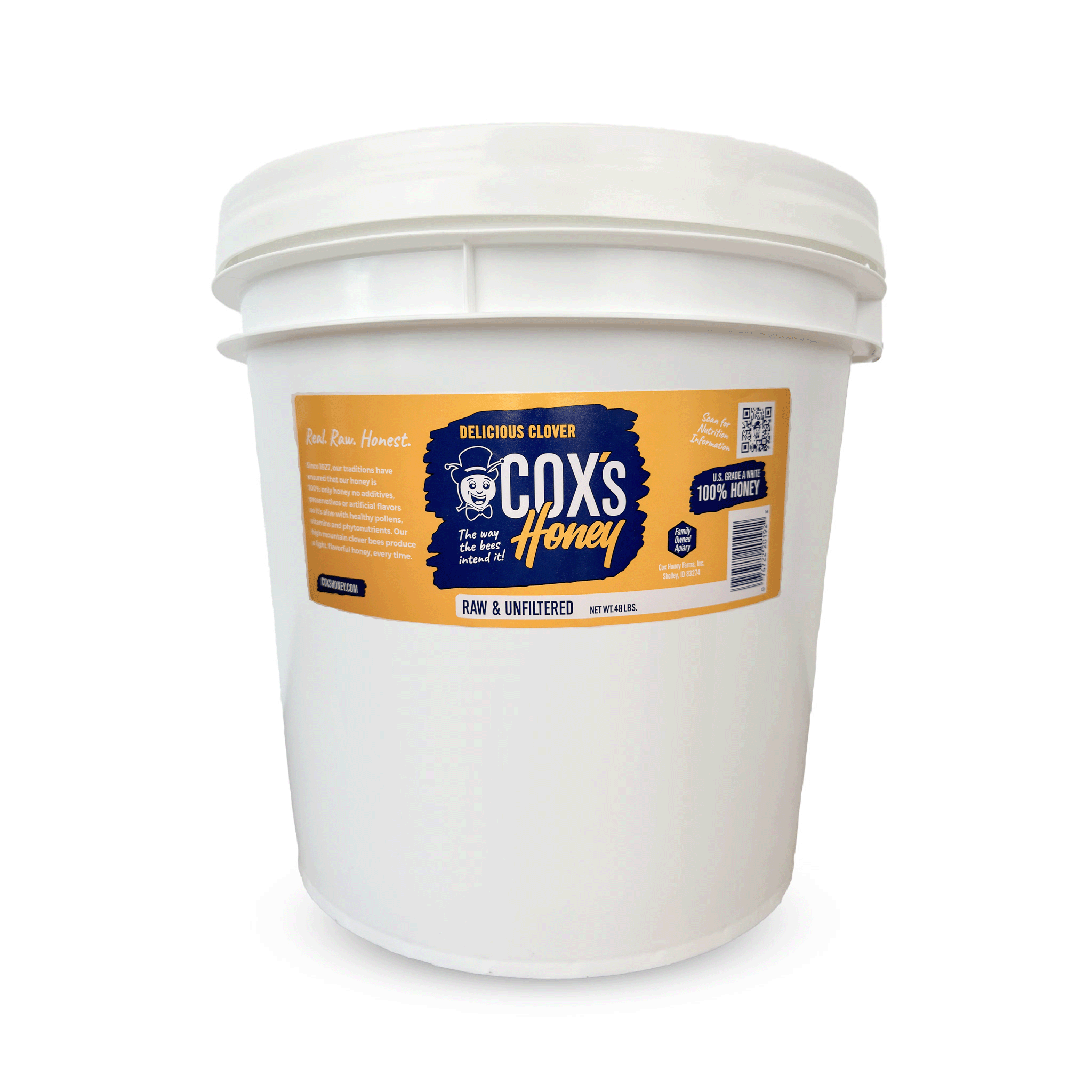 coxs honey 48 lb bucket with white background