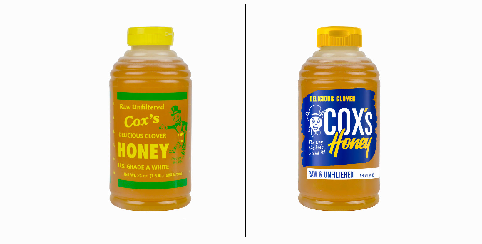 Coxs Honey New Look Bottles. Our old clover bottle next to our new clover bottle. 