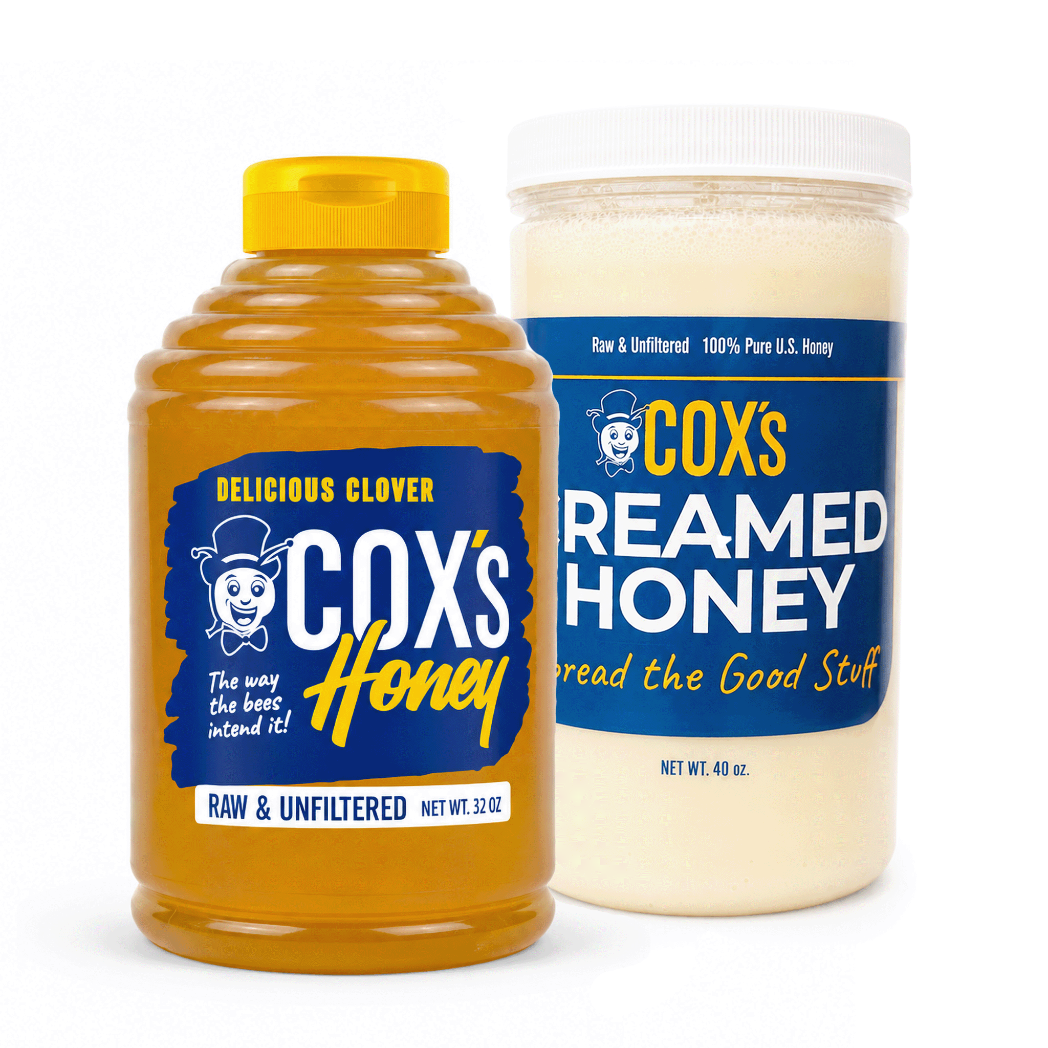 Coxs Honey Pantry Bundle with one 32 oz bottle of raw & unfiltered clover honey and one 40 oz tub of creamed honey with white background 