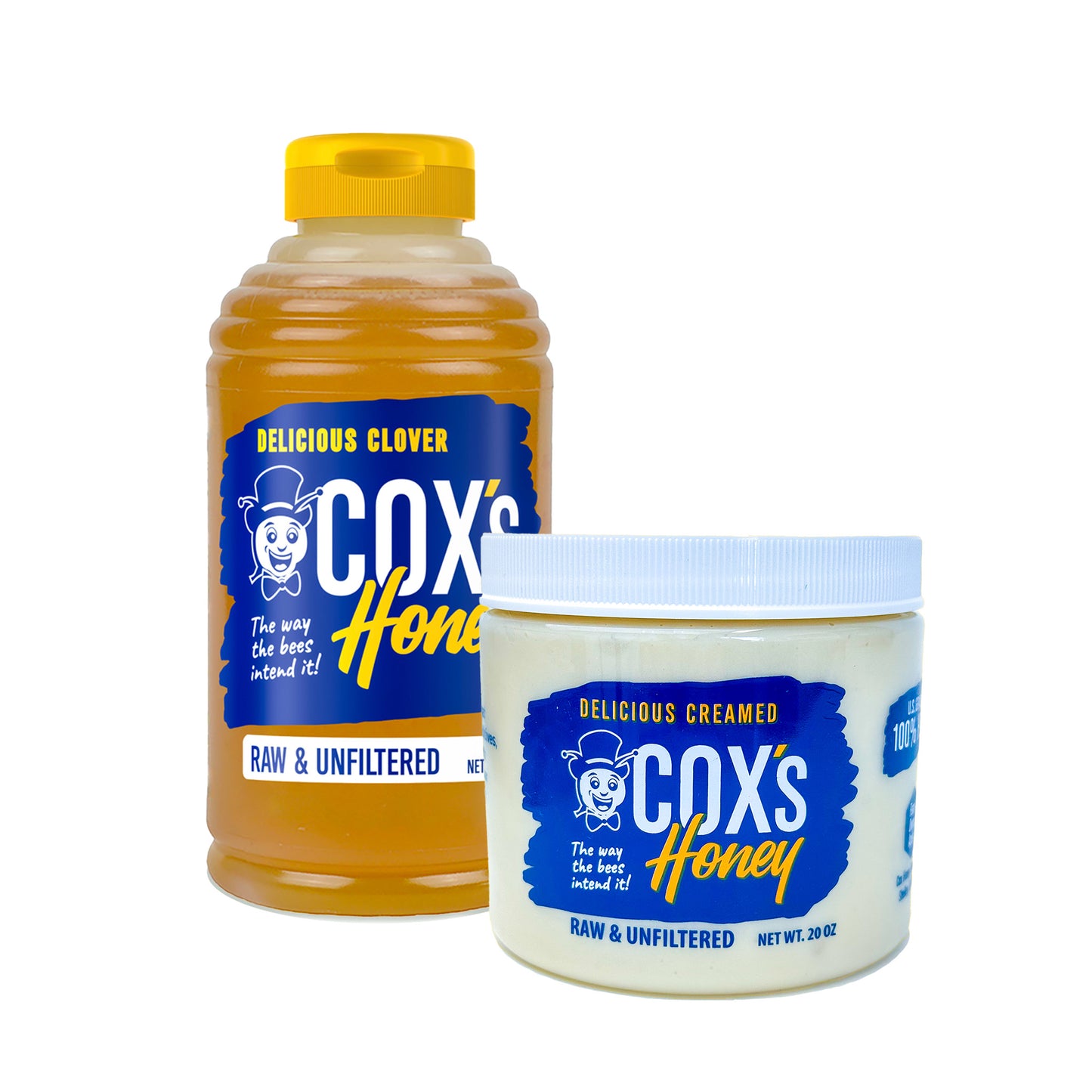 Coxs Honey Raw Unfiltered Stock Honey Bundle with one 24 oz clover honey bottle and one 20 oz creamed honey tub