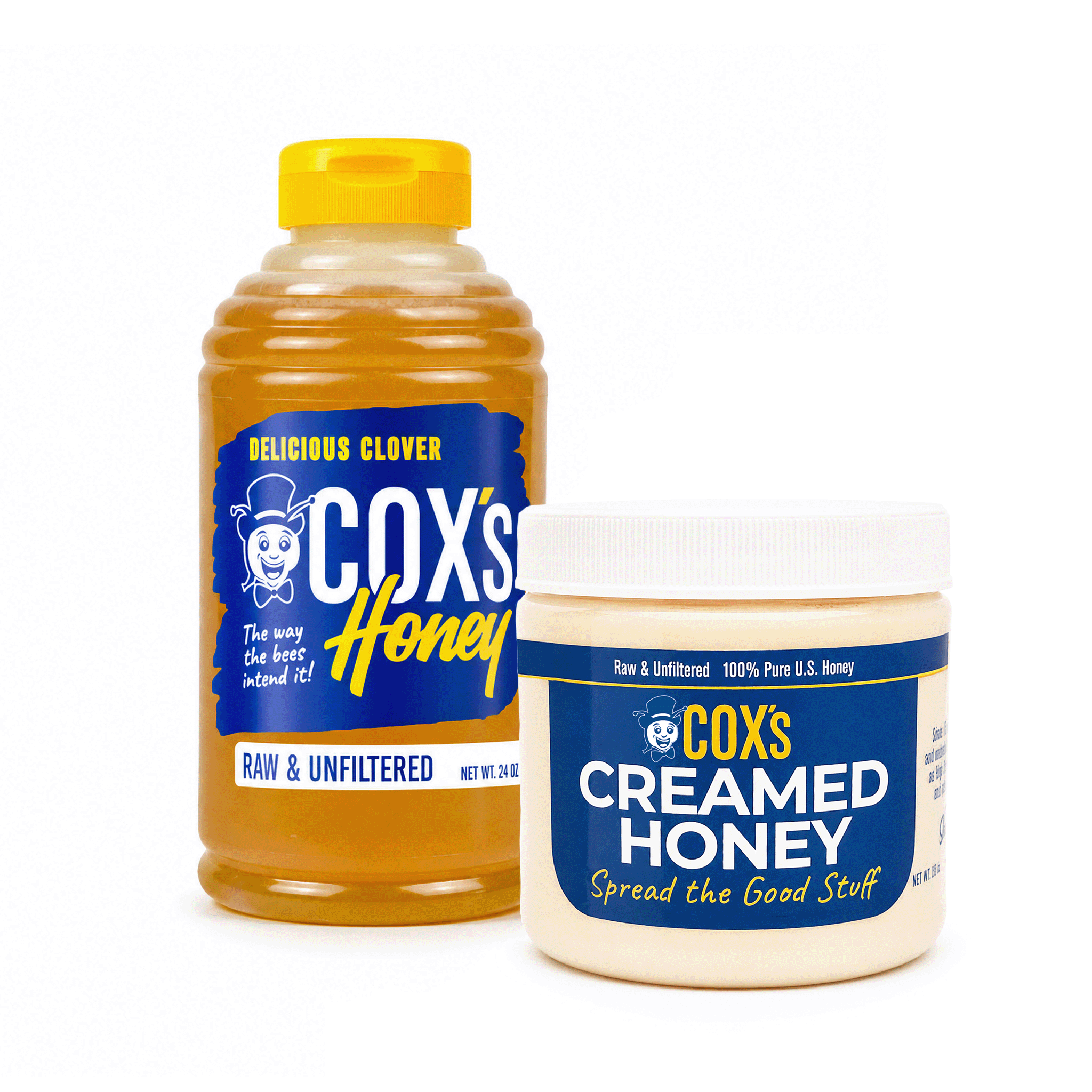 Coxs Honey Stock Bundle with one 24 oz bottle of raw & unfiltered clover honey and one 20 oz creamed honey tub on a white background