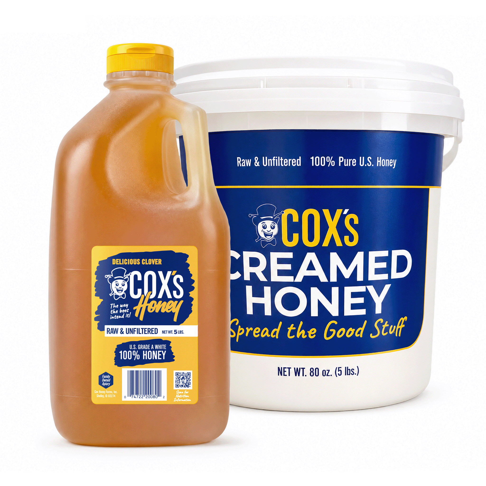 Coxs Honey Raw & Unfiltered 5 lb Jug and Creamed Honey 5 lb Bucket on white background 