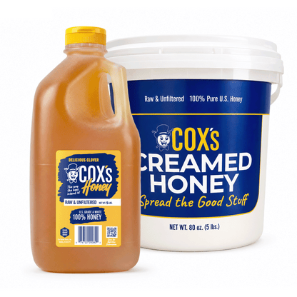 Coxs Honey Raw & Unfiltered 5 lb Jug and Creamed Honey 5 lb Bucket on white background 