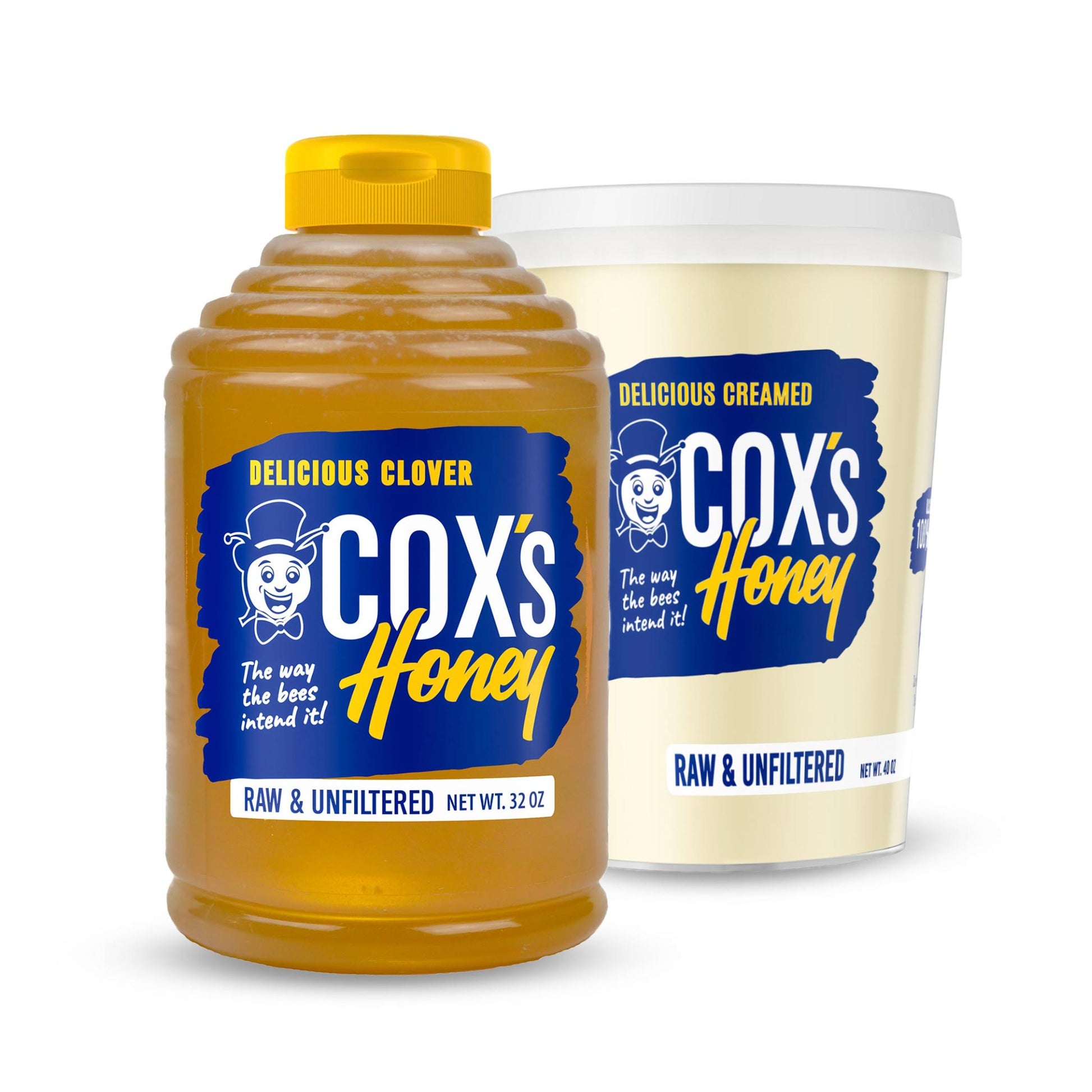 Cox's Honey pantry bundle. 32 oz clover bottle front view and 40 oz creamed honey tub front view.