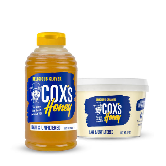 Cox's Honey Stock Bundle. 24 oz clover honey bottle front view and 20 oz creamed honey tub front view.