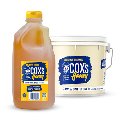 Cox's Honey Storage Bundle. 5 lbs clover honey jug front view and 5 lbs creamed honey bucket front view. 