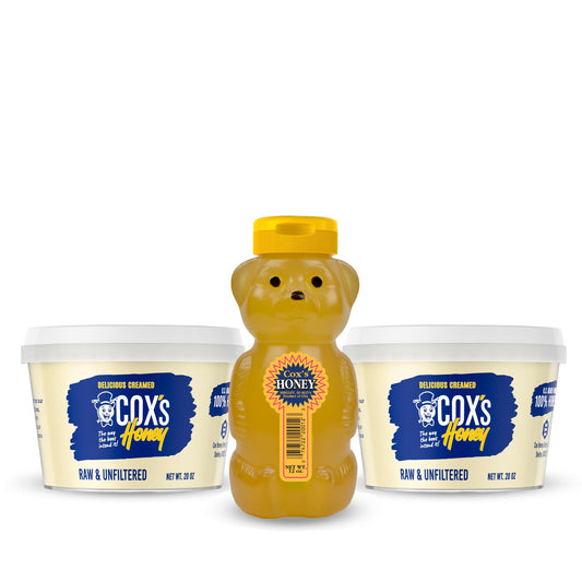 Cox's Honey table bundle. 12 oz clover honey bear front view and two 20 oz creamed honey tubs front view.